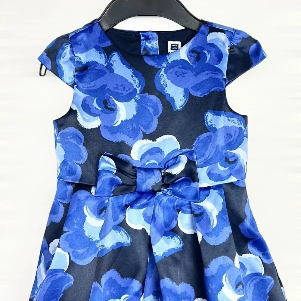 JANIE and JACK Blue Blossom Floral Satin Formal Dress Cap Sleeves Bow Detail 4
